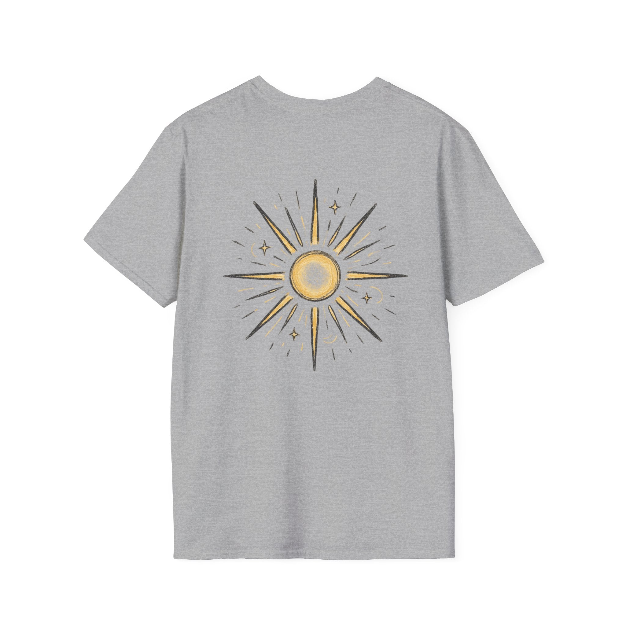 Sunburst Graphic T-Shirt — Retro Celestial Sun Chest & Back Print