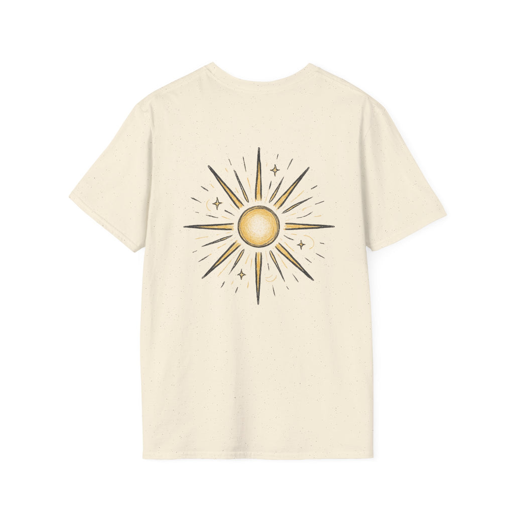 Sunburst Graphic T-Shirt — Retro Celestial Sun Chest & Back Print