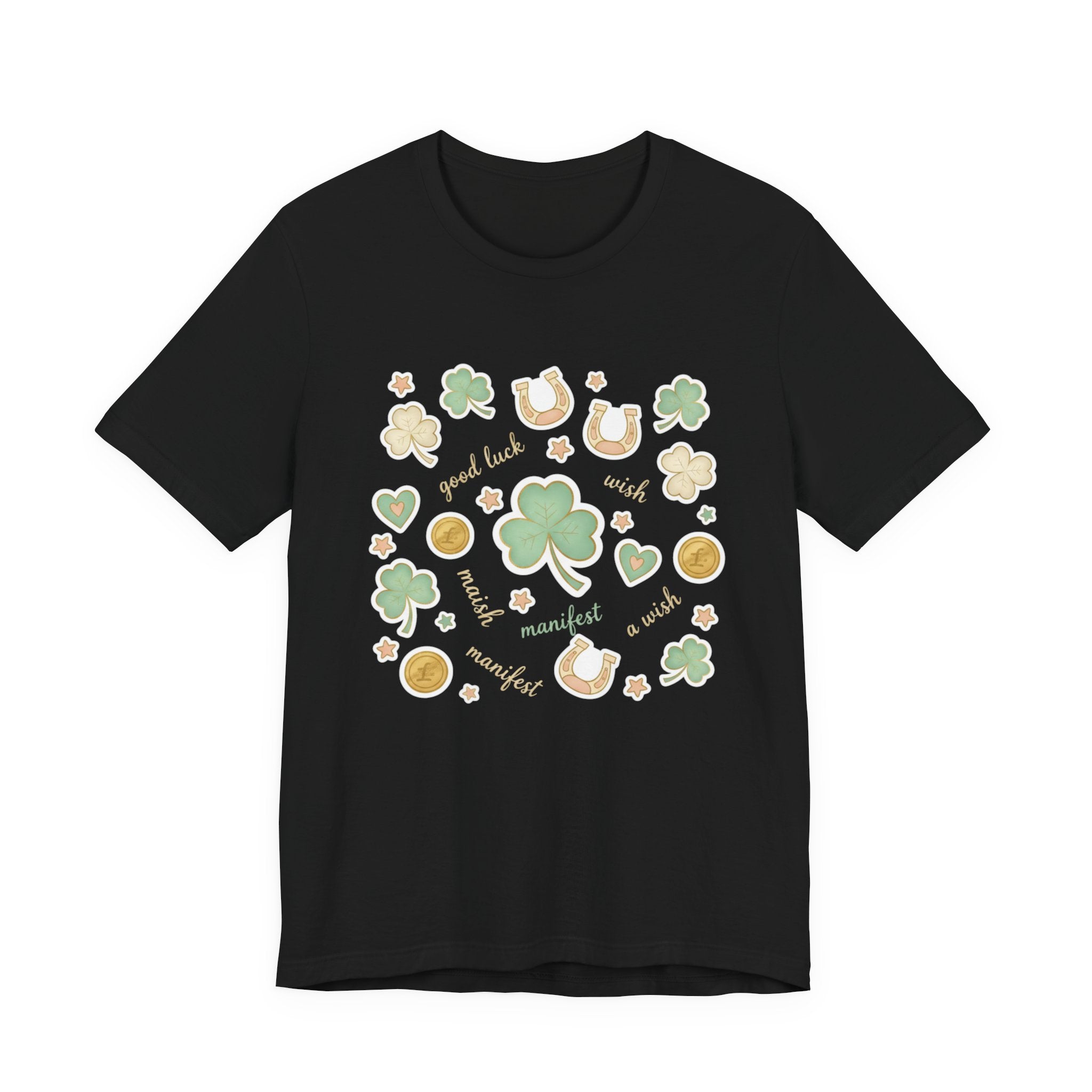 Lucky Charm Sticker Pattern Tee | Mint Gold good luck symbol pattern