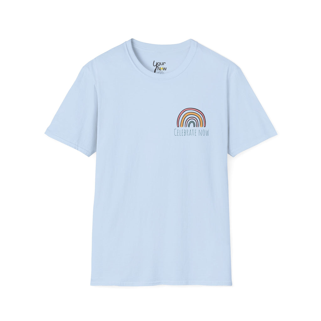 Celebrate Now Rainbow T-Shirt — Minimal Retro Rainbow Graphic Tee