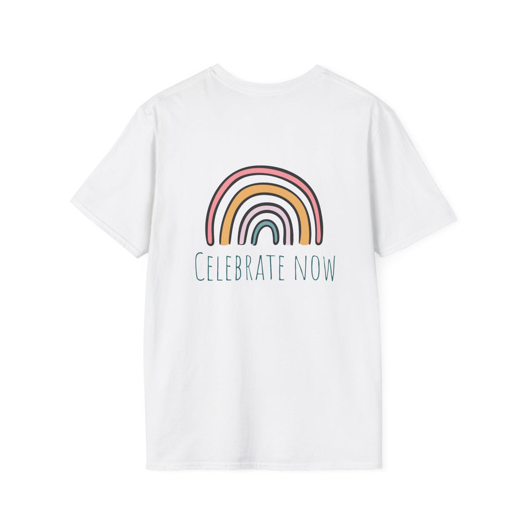 Celebrate Now Rainbow T-Shirt — Minimal Retro Rainbow Graphic Tee