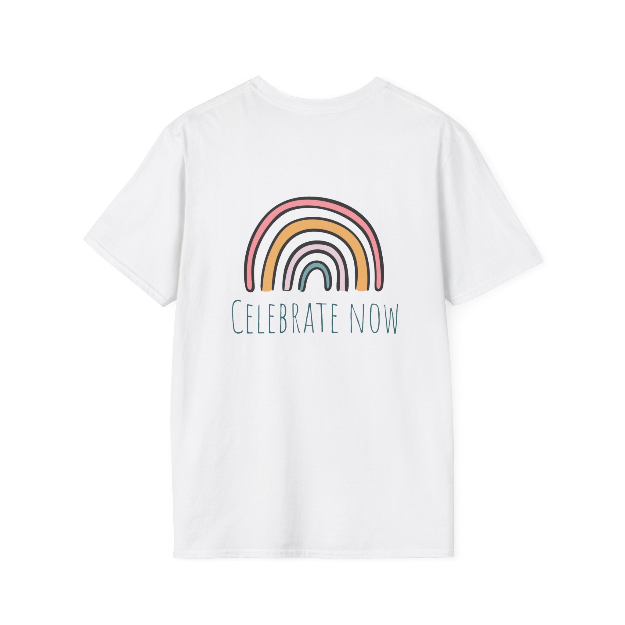 Celebrate Now Rainbow T-Shirt — Minimal Retro Rainbow Graphic Tee