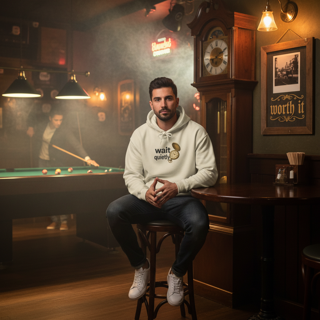 Wait Quietly Pocket Watch Hoodie – Vintage Timepiece Graphic Sweatshirt