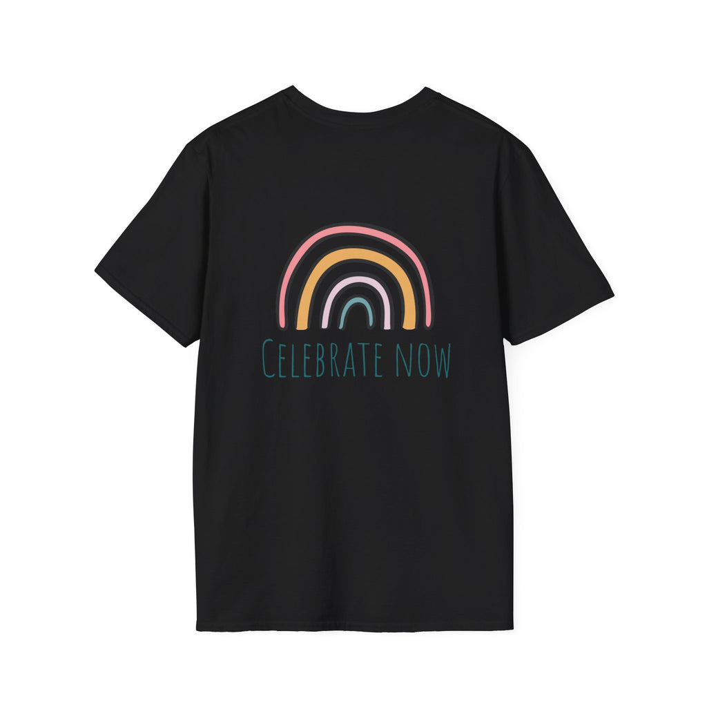 Celebrate Now Rainbow T-Shirt — Minimal Retro Rainbow Graphic Tee