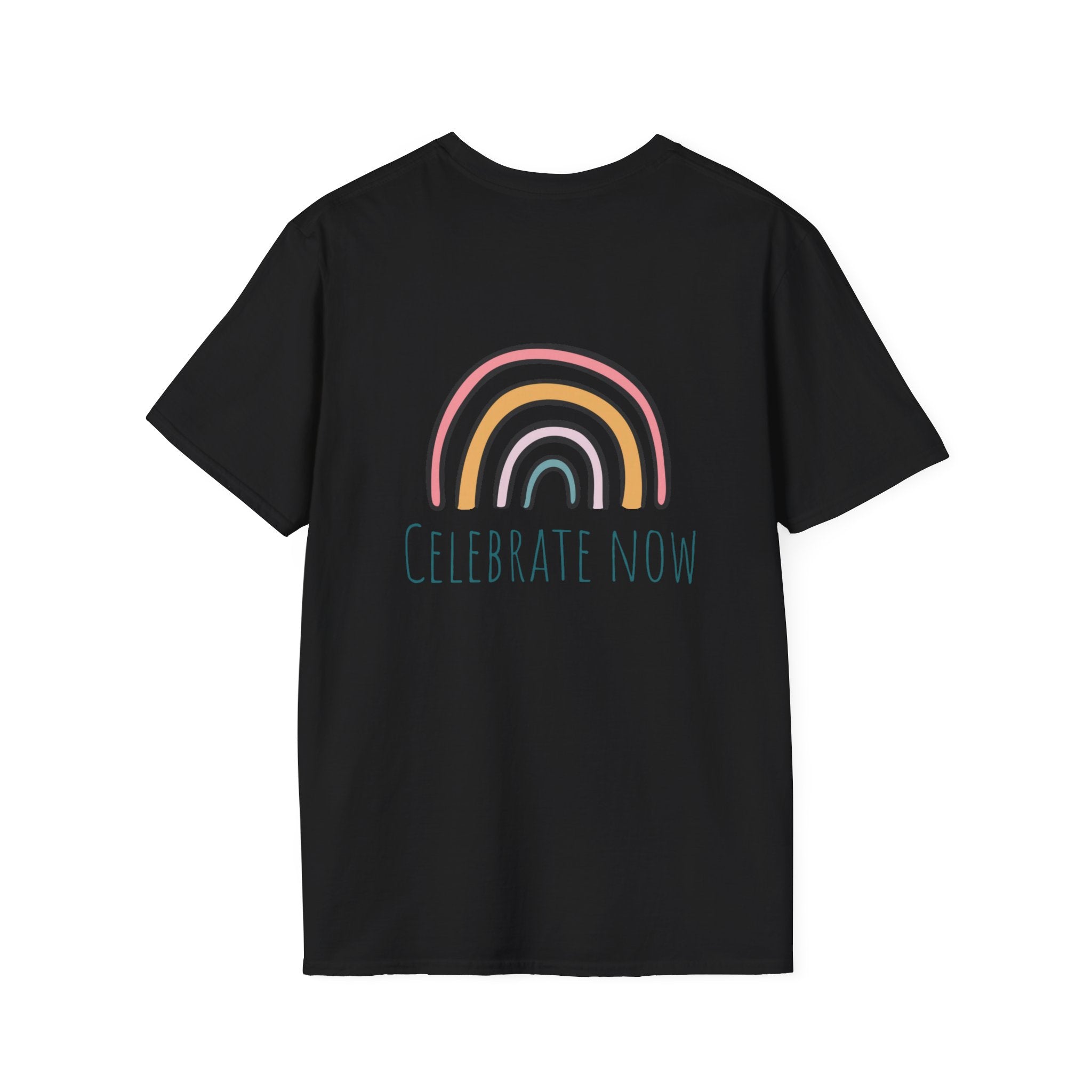 Celebrate Now Rainbow T-Shirt — Minimal Retro Rainbow Graphic Tee