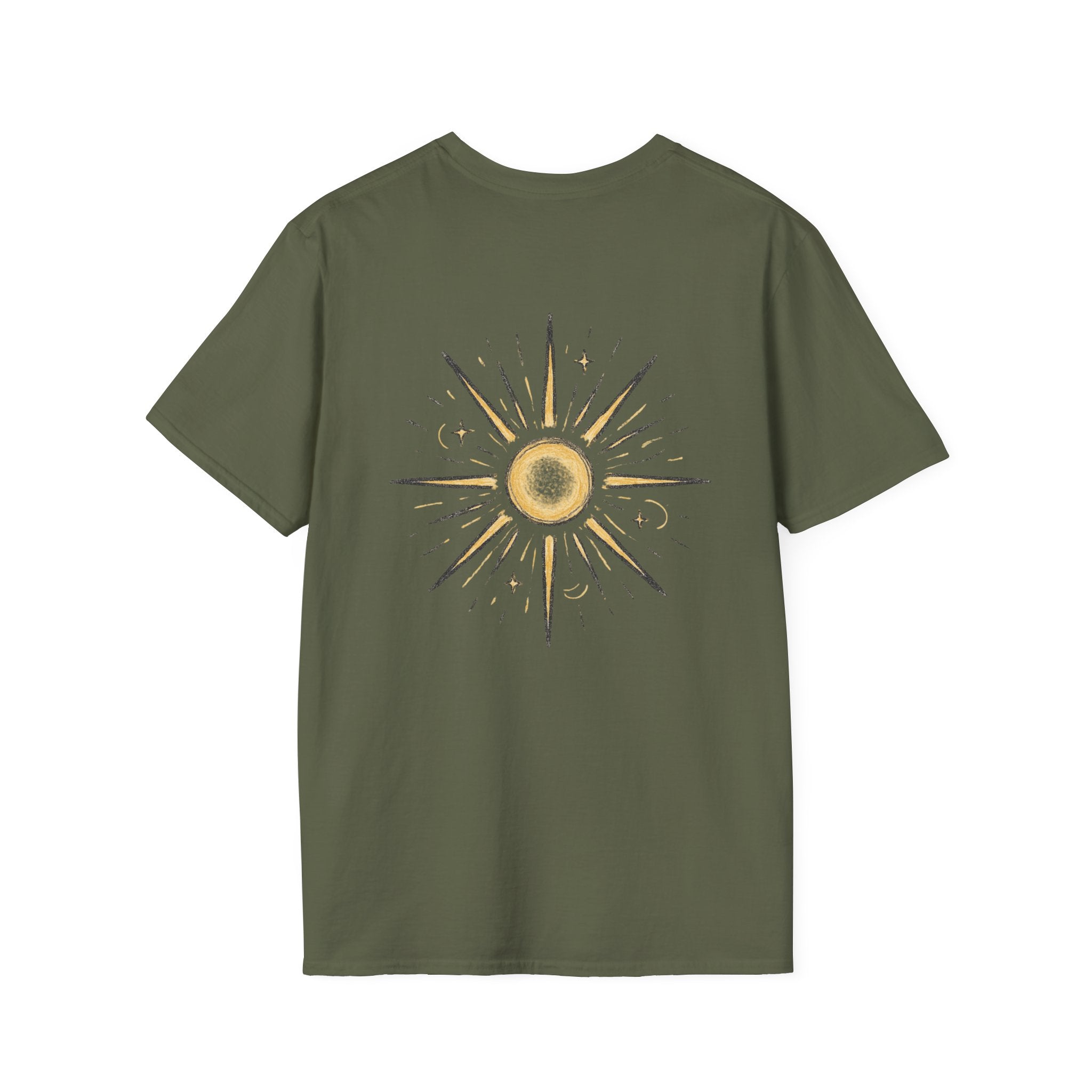 Sunburst Graphic T-Shirt — Retro Celestial Sun Chest & Back Print