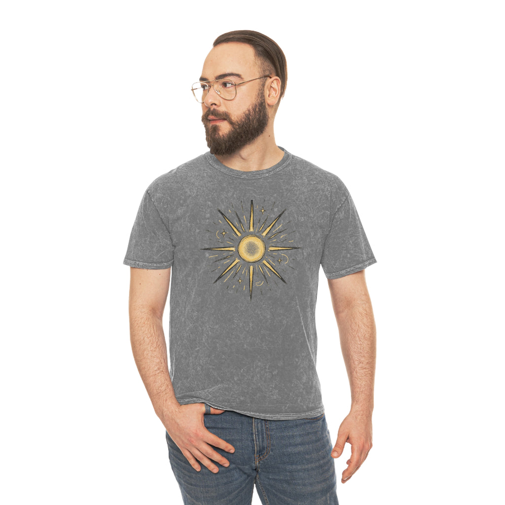 Mineral Wash Sunburst Tee — Vintage Golden Sun Graphic