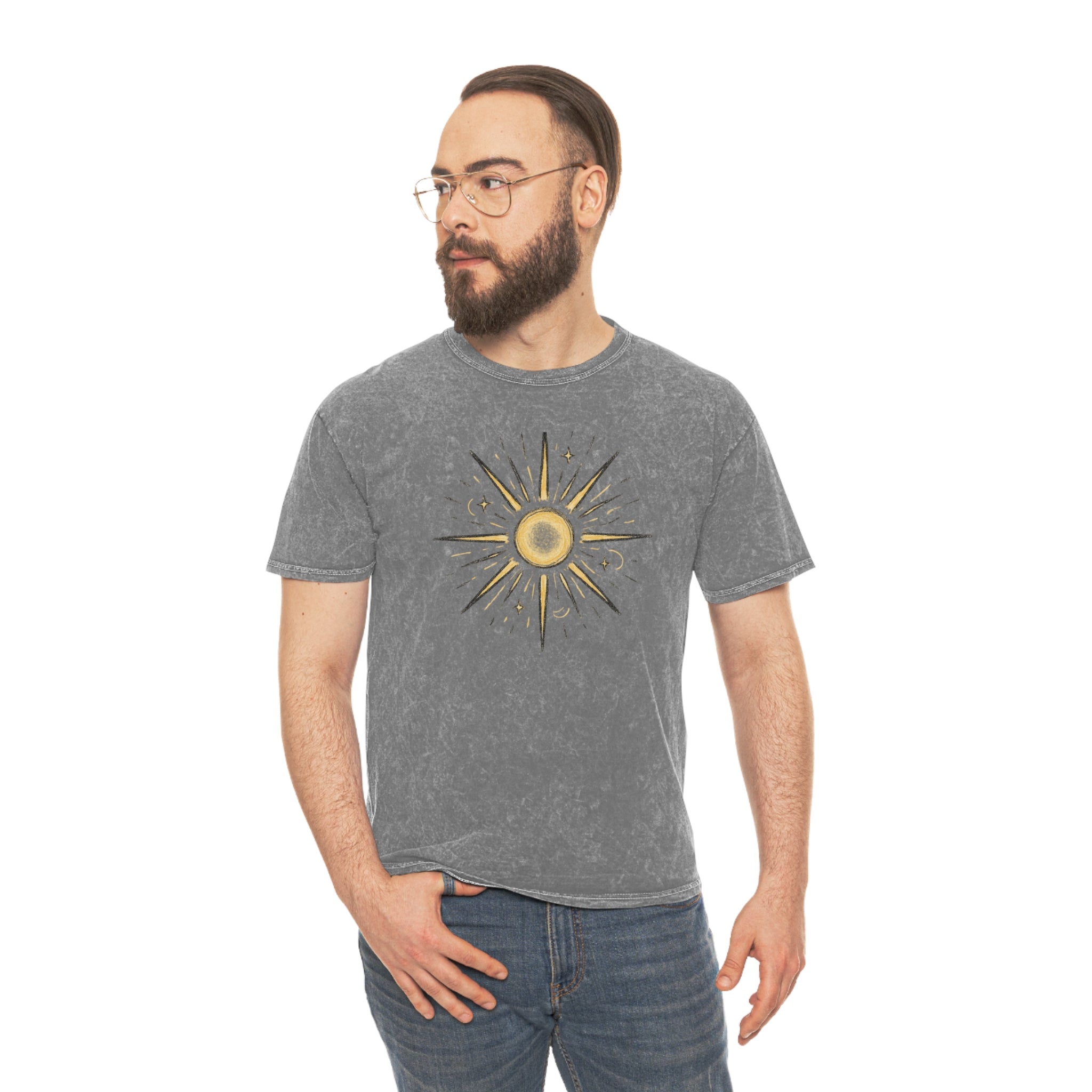 Mineral Wash Sunburst Tee — Vintage Golden Sun Graphic