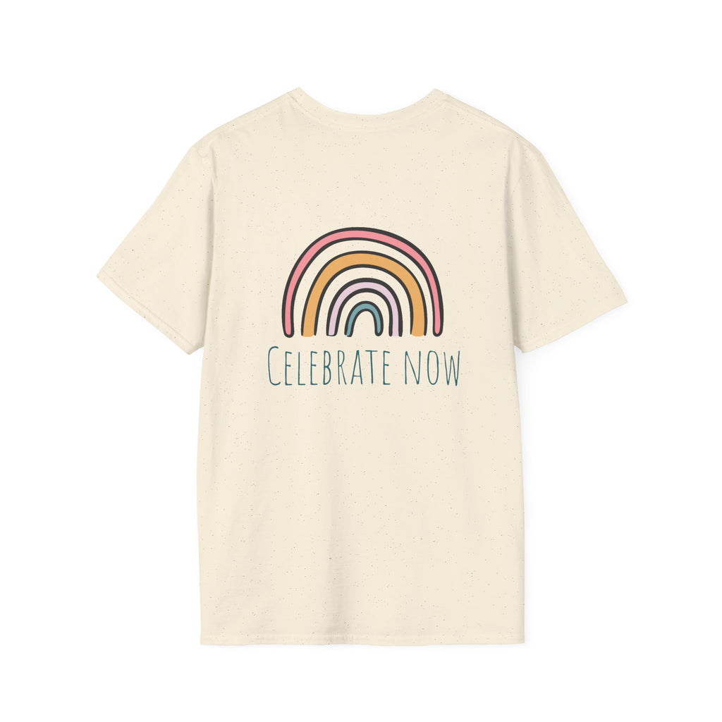 Celebrate Now Rainbow T-Shirt — Minimal Retro Rainbow Graphic Tee