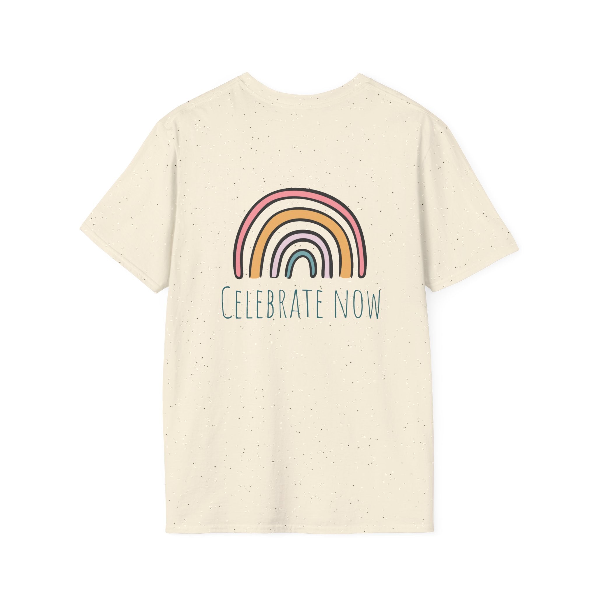 Celebrate Now Rainbow T-Shirt — Minimal Retro Rainbow Graphic Tee