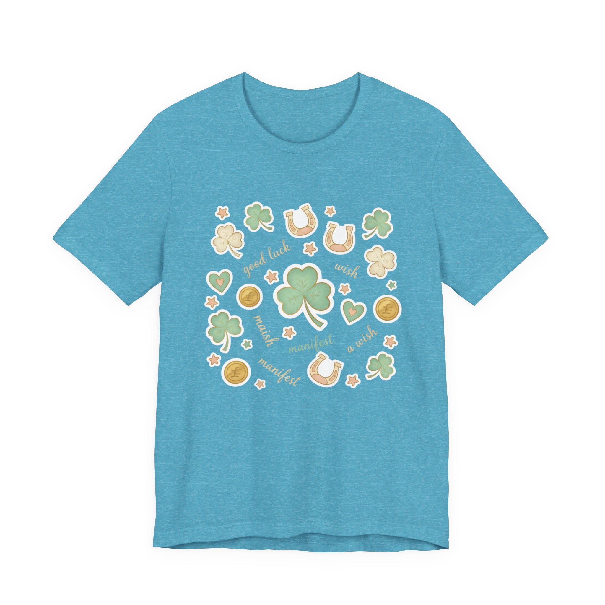 Lucky Charm Sticker Pattern Tee | Mint Gold good luck symbol pattern