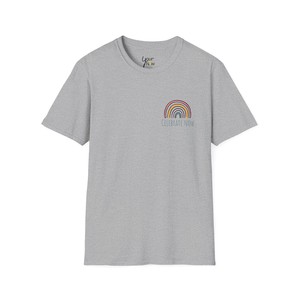 Celebrate Now Rainbow T-Shirt — Minimal Retro Rainbow Graphic Tee