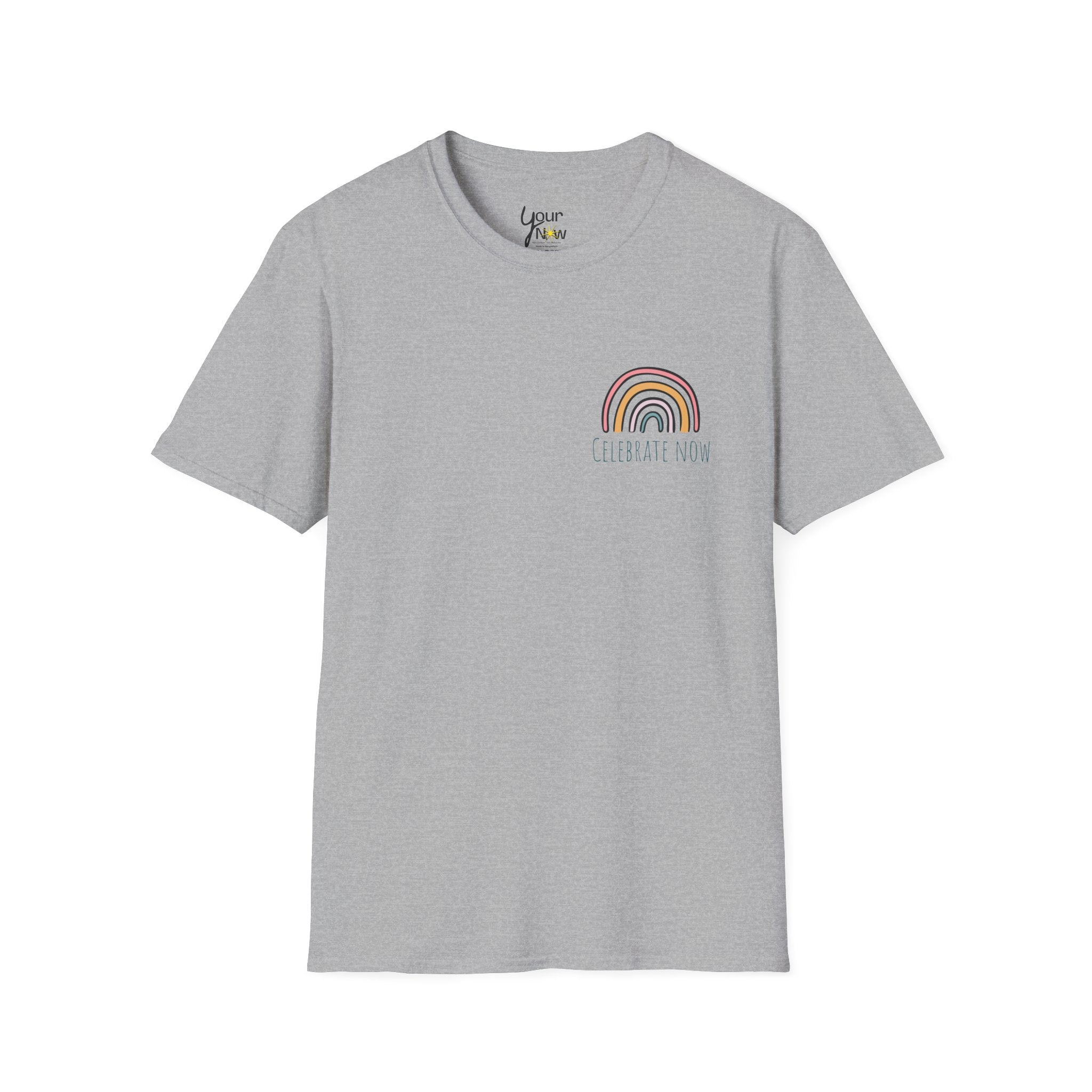 Celebrate Now Rainbow T-Shirt — Minimal Retro Rainbow Graphic Tee