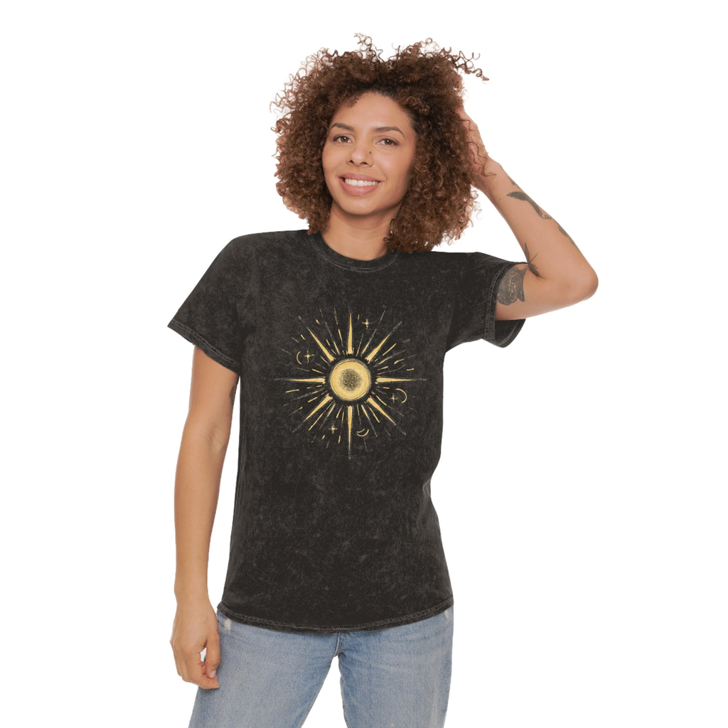Mineral Wash Sunburst Tee — Vintage Golden Sun Graphic