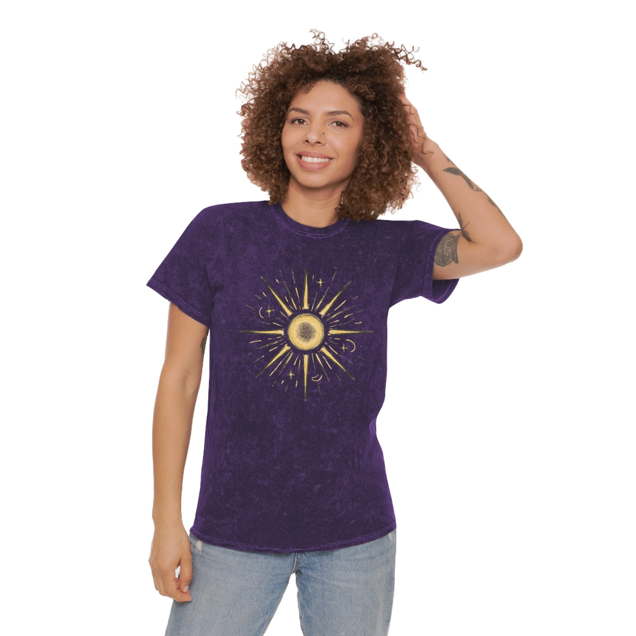 Mineral Wash Sunburst Tee — Vintage Golden Sun Graphic