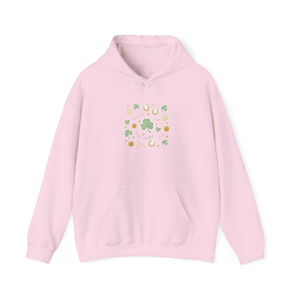Lucky Charm Sticker Pattern Hoodie | mint gold good luck symbols