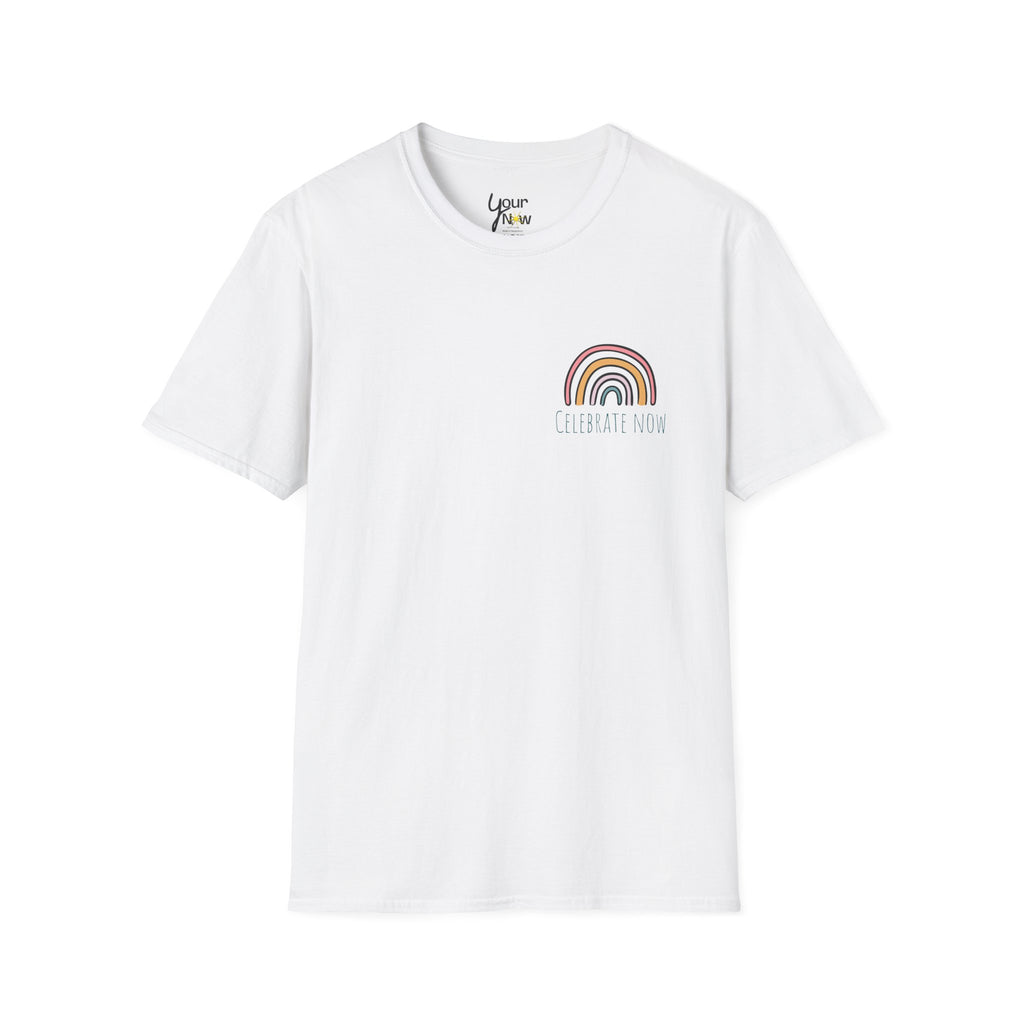 Celebrate Now Rainbow T-Shirt — Minimal Retro Rainbow Graphic Tee
