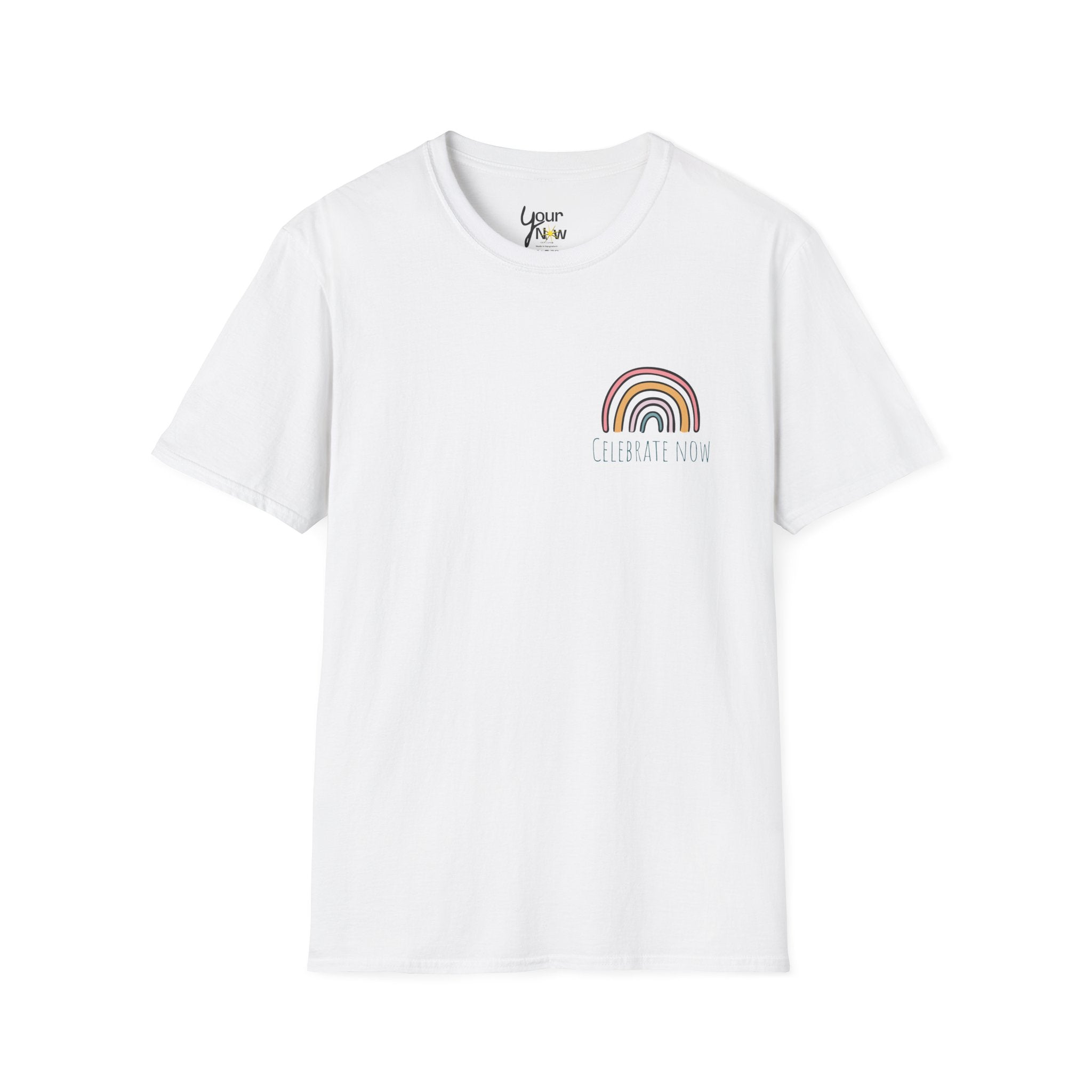 Celebrate Now Rainbow T-Shirt — Minimal Retro Rainbow Graphic Tee