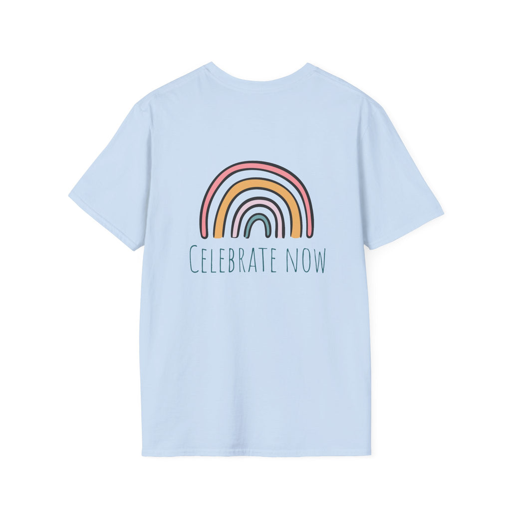 Celebrate Now Rainbow T-Shirt — Minimal Retro Rainbow Graphic Tee
