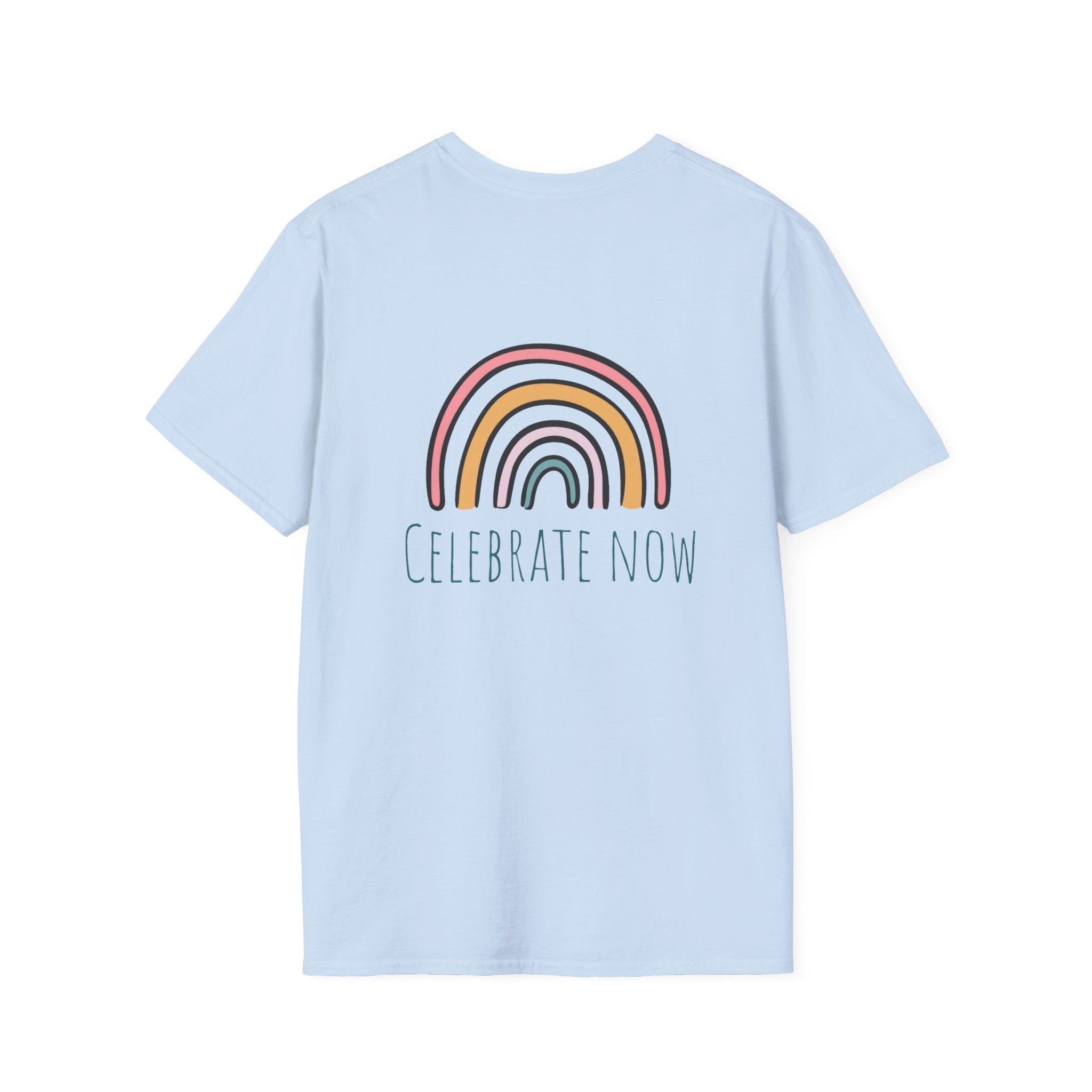 Celebrate Now Rainbow T-Shirt — Minimal Retro Rainbow Graphic Tee