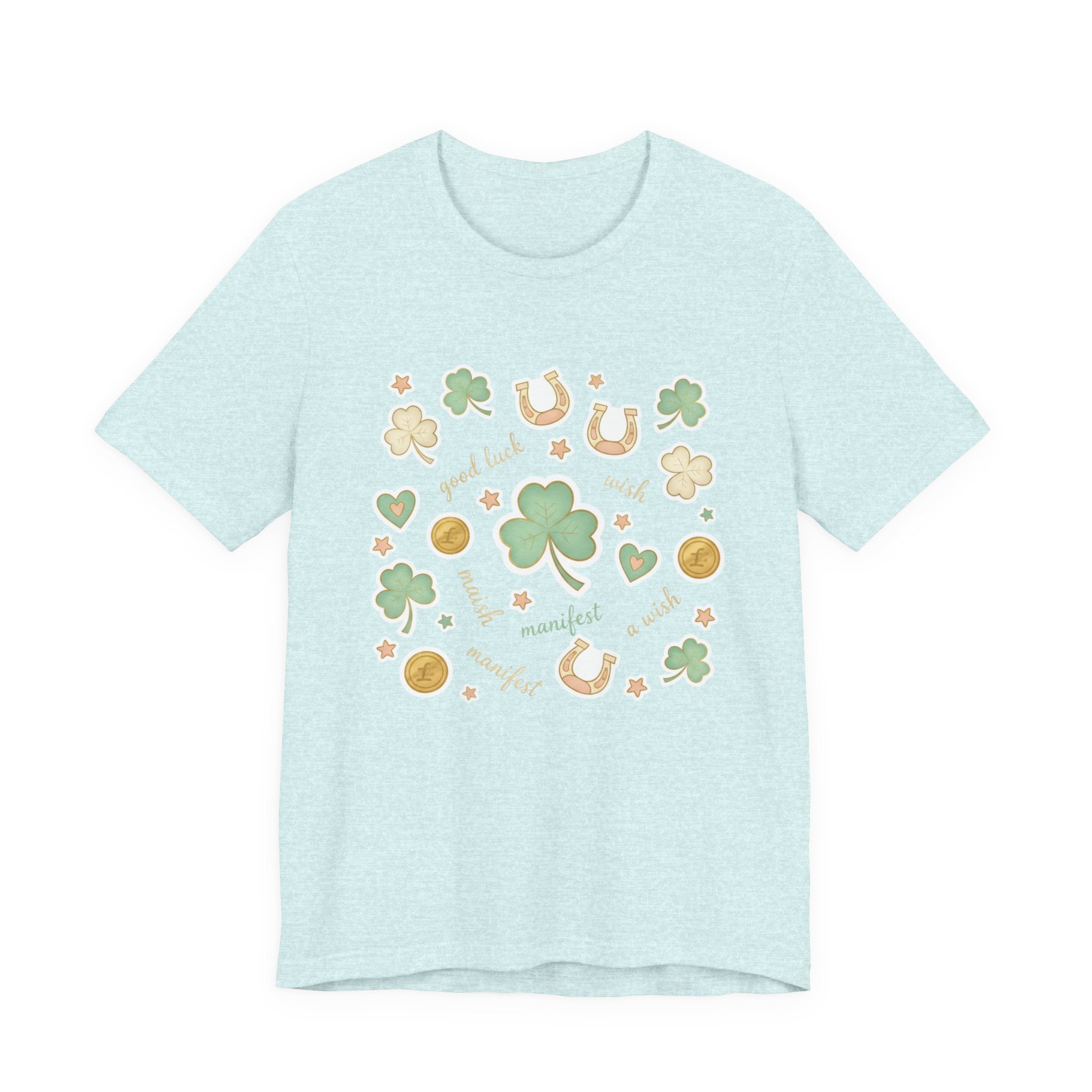 Lucky Charm Sticker Pattern Tee | Mint Gold good luck symbol pattern