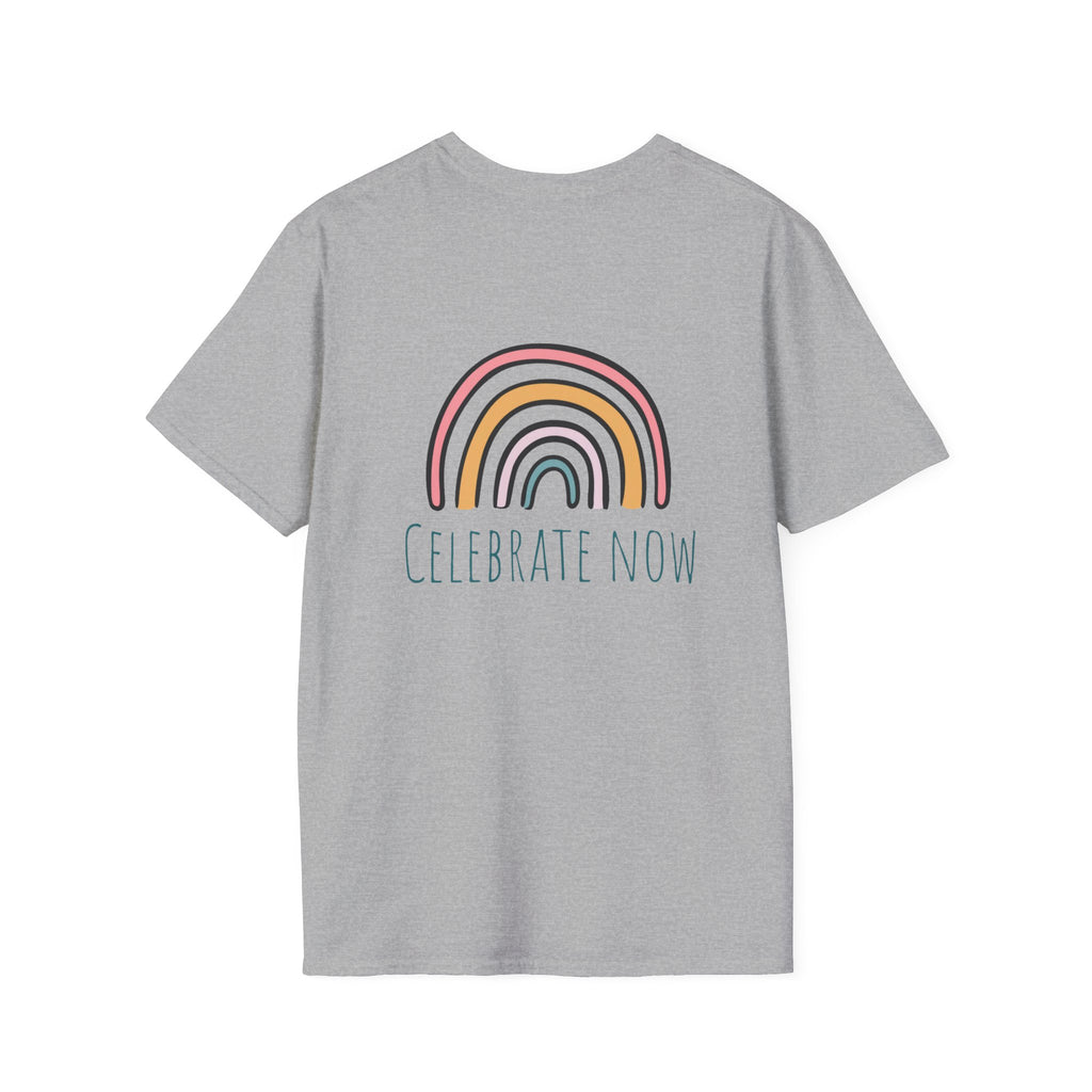 Celebrate Now Rainbow T-Shirt — Minimal Retro Rainbow Graphic Tee
