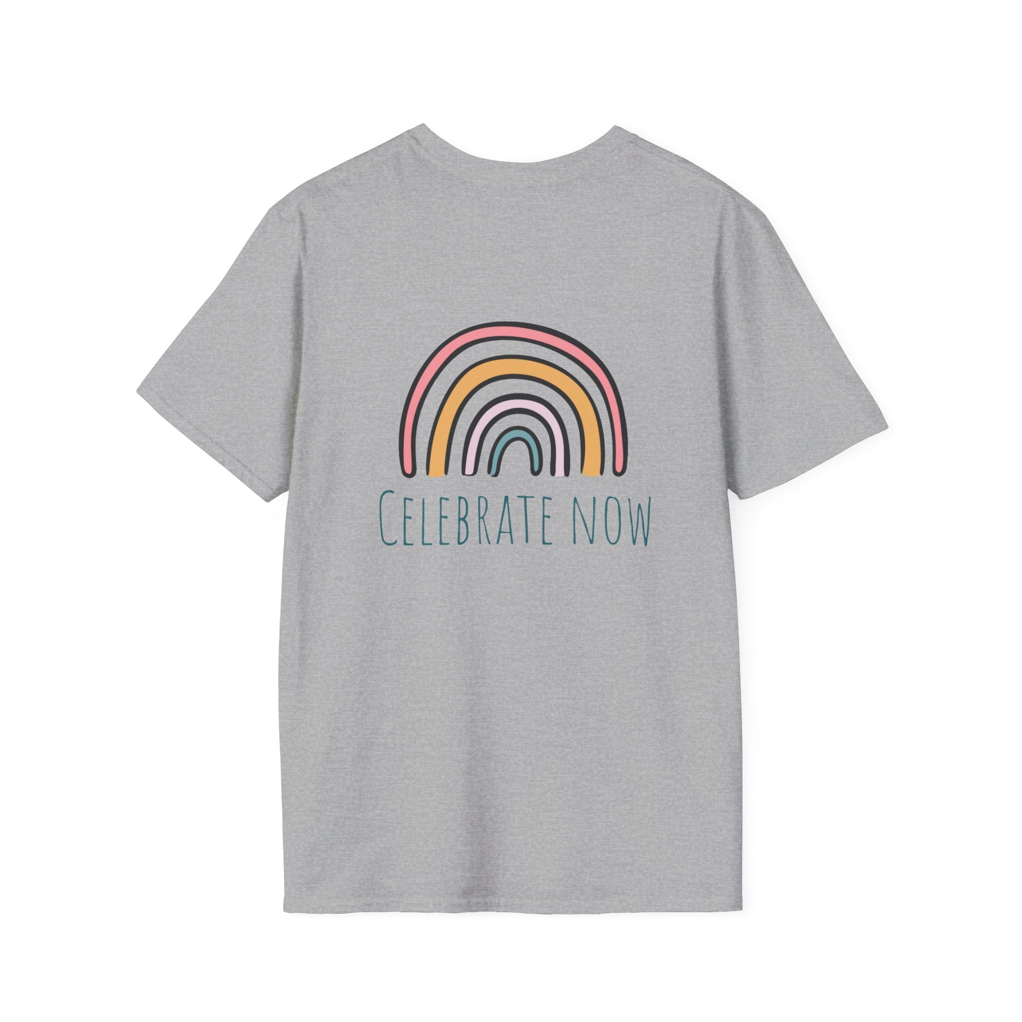 Celebrate Now Rainbow T-Shirt — Minimal Retro Rainbow Graphic Tee