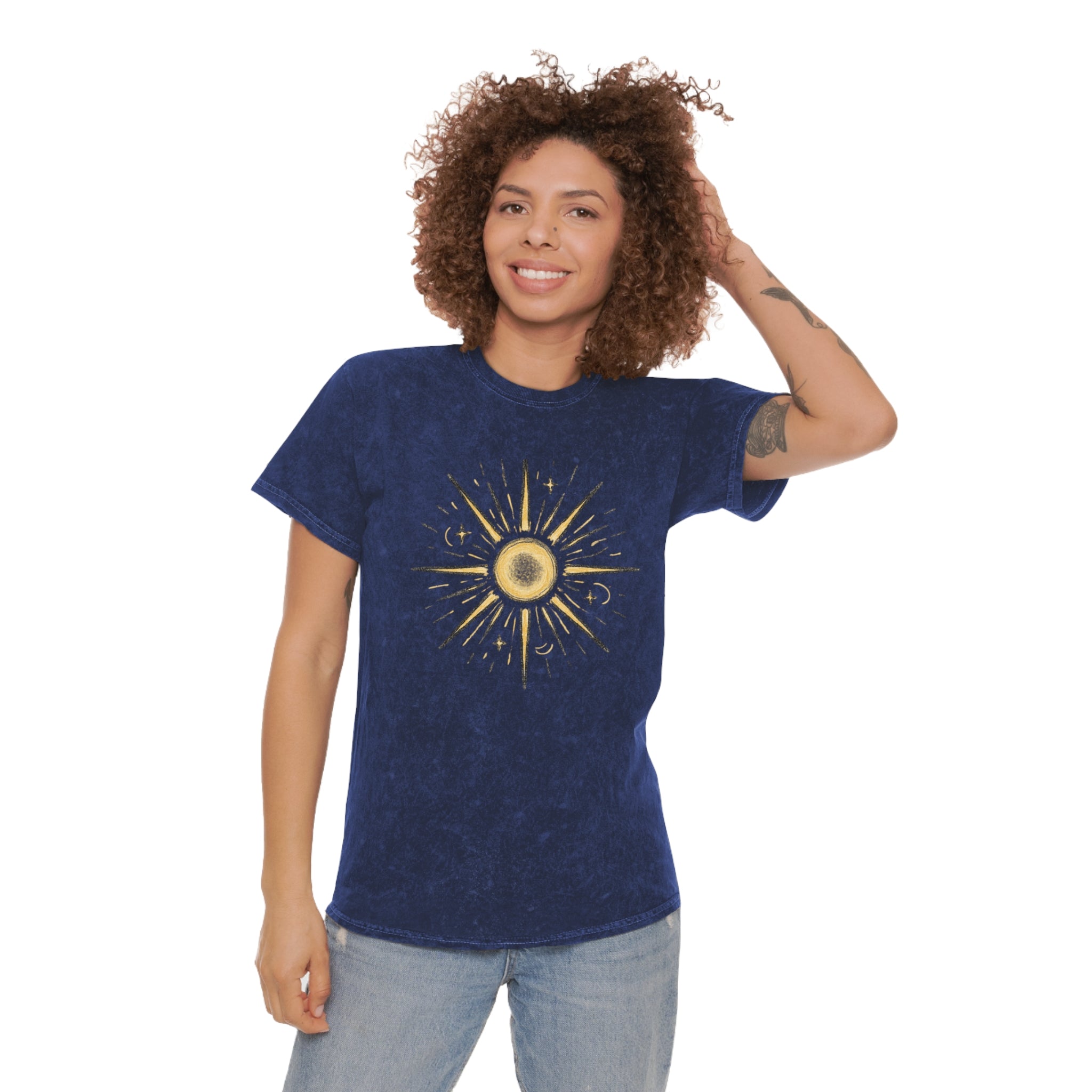 Mineral Wash Sunburst Tee — Vintage Golden Sun Graphic
