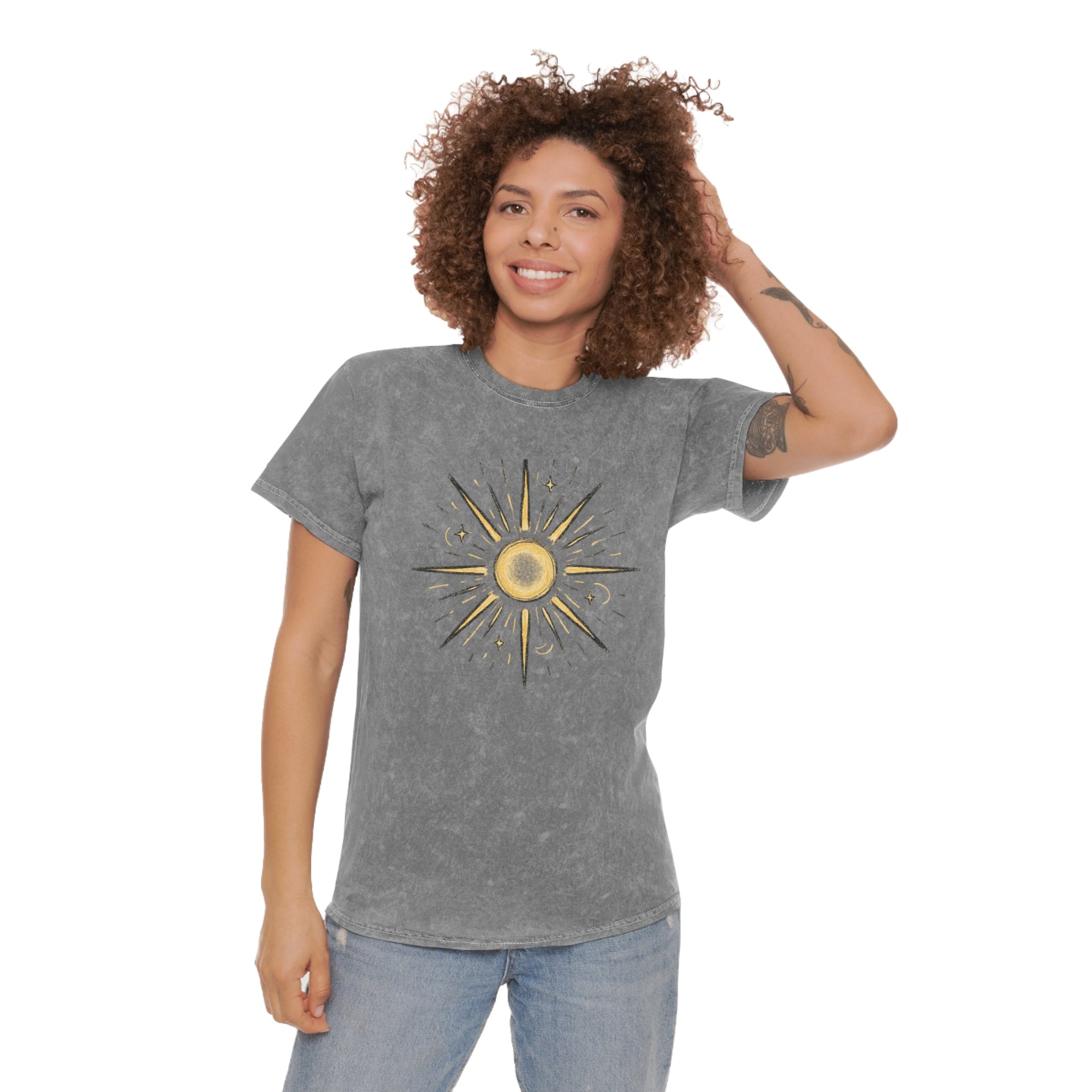 Mineral Wash Sunburst Tee — Vintage Golden Sun Graphic
