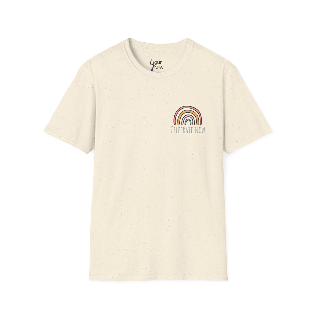 Celebrate Now Rainbow T-Shirt — Minimal Retro Rainbow Graphic Tee