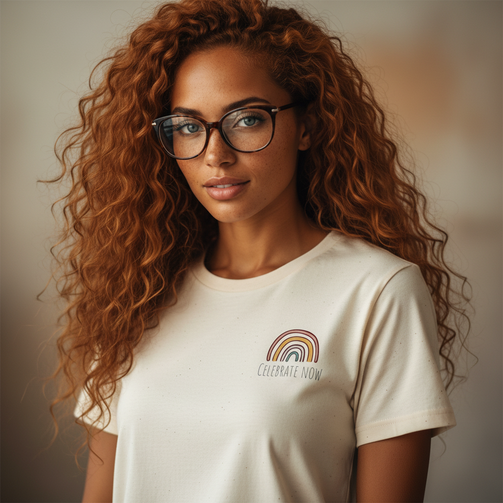 Celebrate Now Rainbow T-Shirt — Minimal Retro Rainbow Graphic Tee