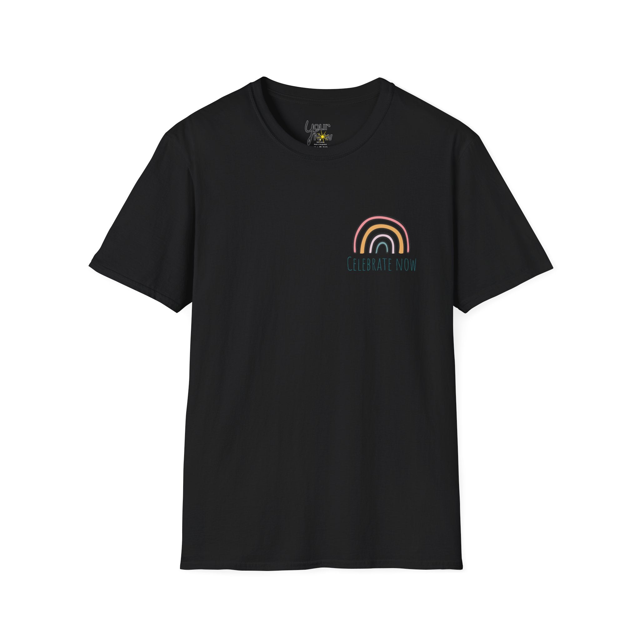 Celebrate Now Rainbow T-Shirt — Minimal Retro Rainbow Graphic Tee